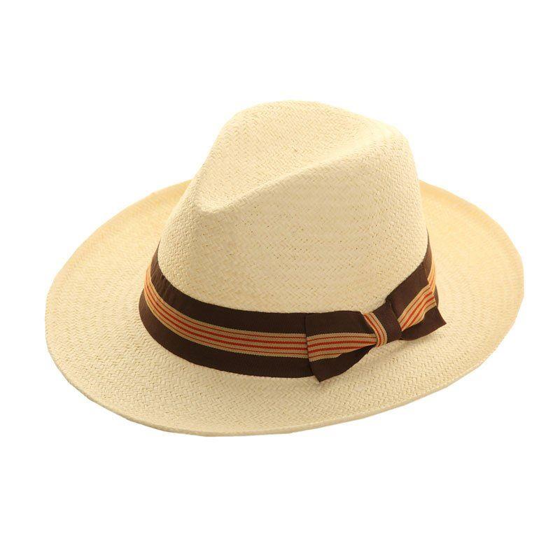 Hazy Blue Mens Straw Fedora Panama Style Hat With Wide Stripe Band and Bow