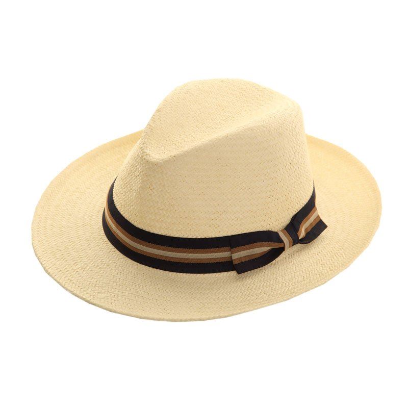 Hazy Blue Mens Hat Straw Fedora Panama Style With Wide Stripe Band and Bow